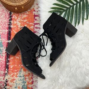 Vince Camuto Black Leather Open Toe Cut Out Lace Up Heeled Ankle Boot Bootie 10